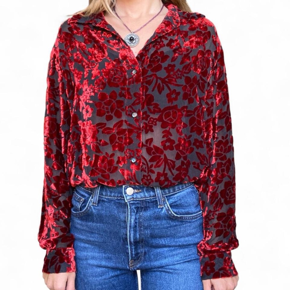 NY&CO velvet burnout sheer red long sleeve button down top